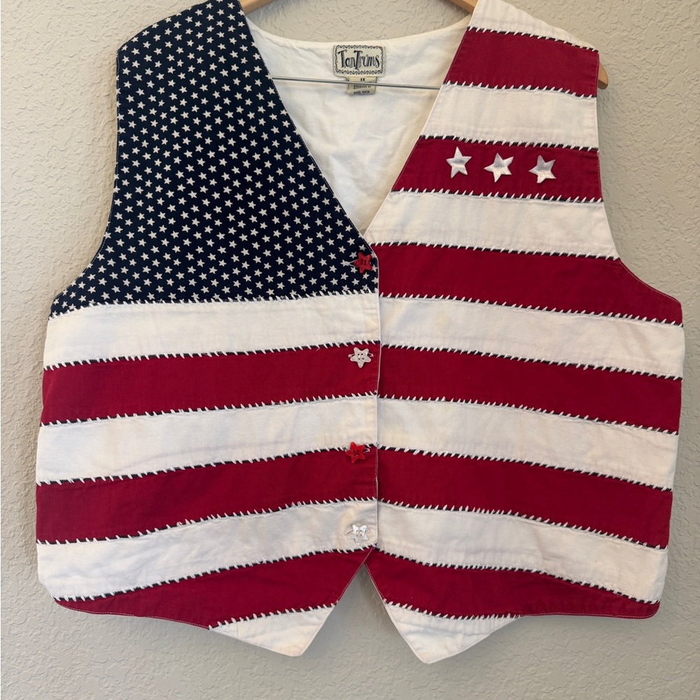 USA Women’s Patriotic Vest 1X American Flag Stars And Stripes Star Button Up